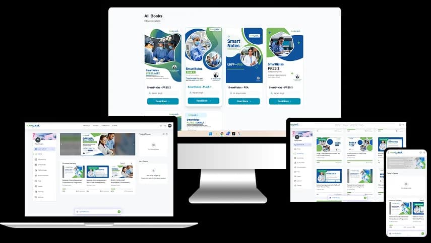 PLABCoach learning platform shown across desktop, laptop, tablet and mobile