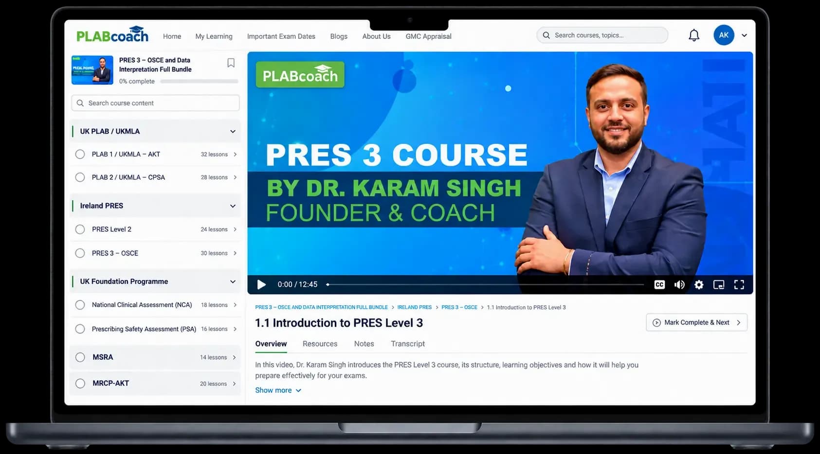 PLABCoach video lesson on a laptop