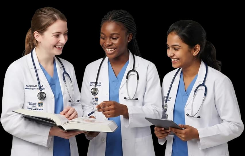 Doctors discussing medical learning material